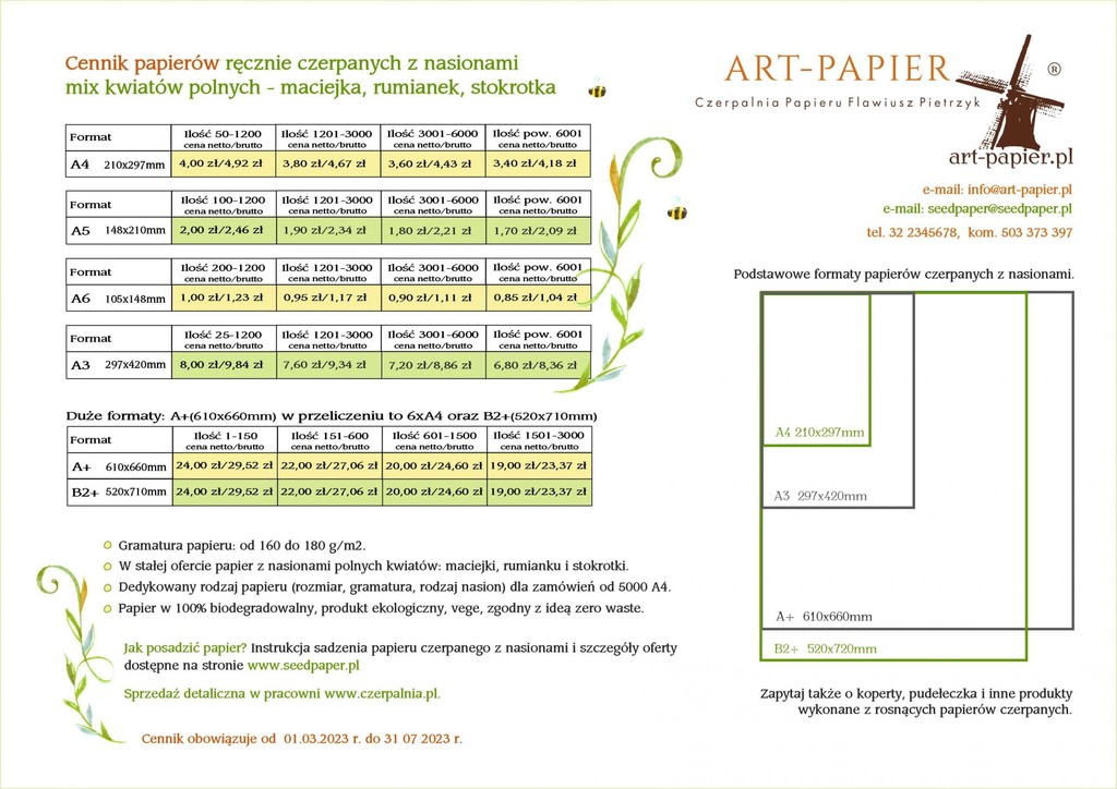 Cennik papierów ręcznie czerpanych z nasionami kwiatów polnych ART-PAPIER według formatu i nakładu