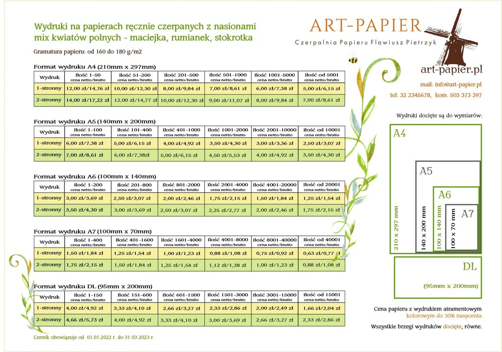 Cennik wydruków na papierach z nasionami ART-PAPIER 2023 – ceny za sztukę według nakładu