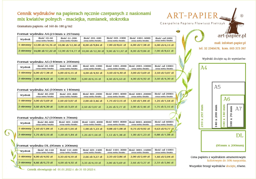 Cennik wydruków na papierach ręcznie czerpanych z nasionami ART-PAPIER – formaty A4, A5, A6, A7 i DL