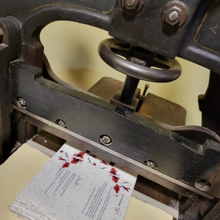 Cutting handmade seed paper on a historic 1886 Krause guillotine