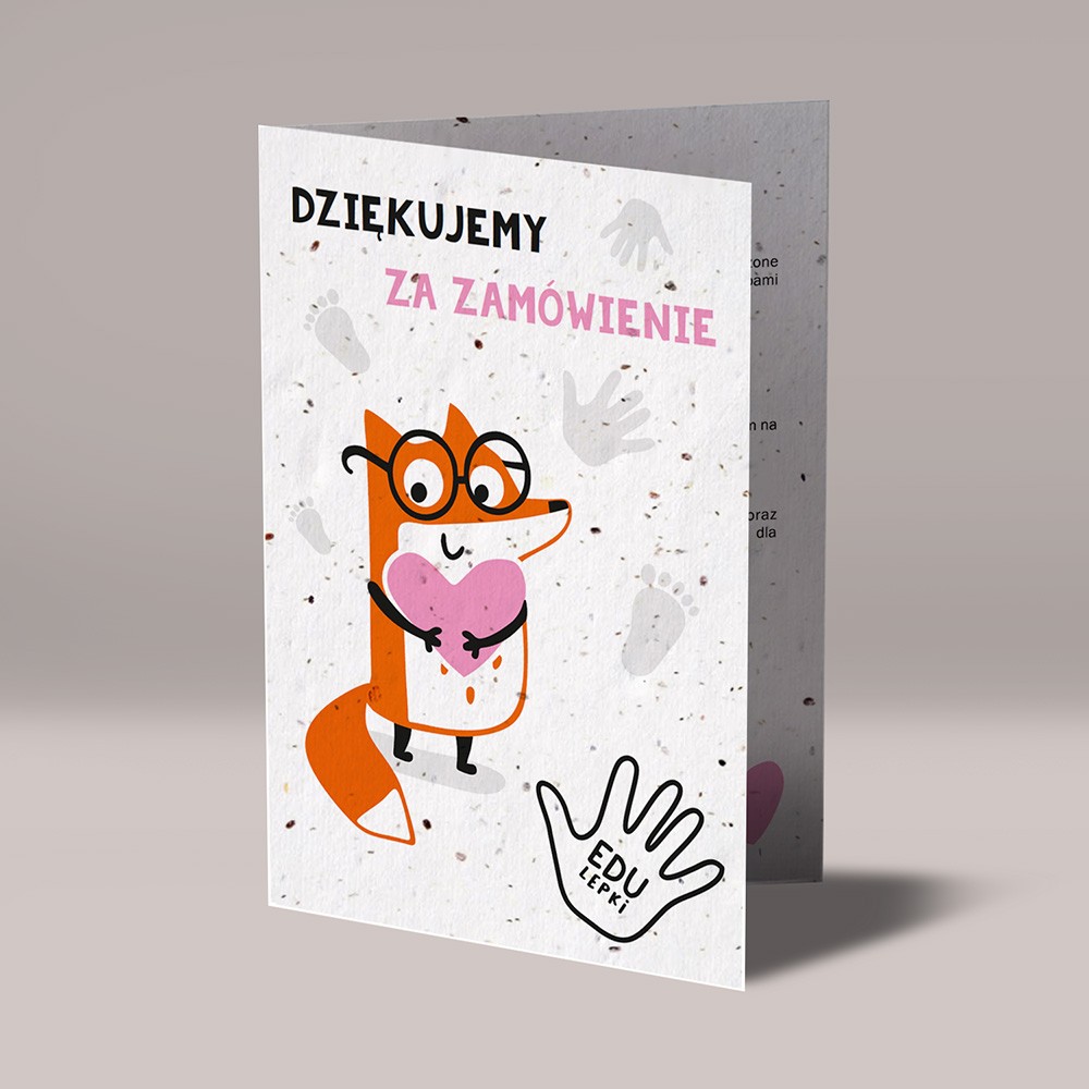 Kartka A4 „Dziękujemy za zamówienie” z ilustracją lisa – wizualizacja druku na papierze z nasionami