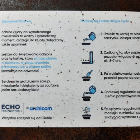 Kartka A6 ECHO Investment / Archicom z instrukcją sadzenia na papierze z nasionami