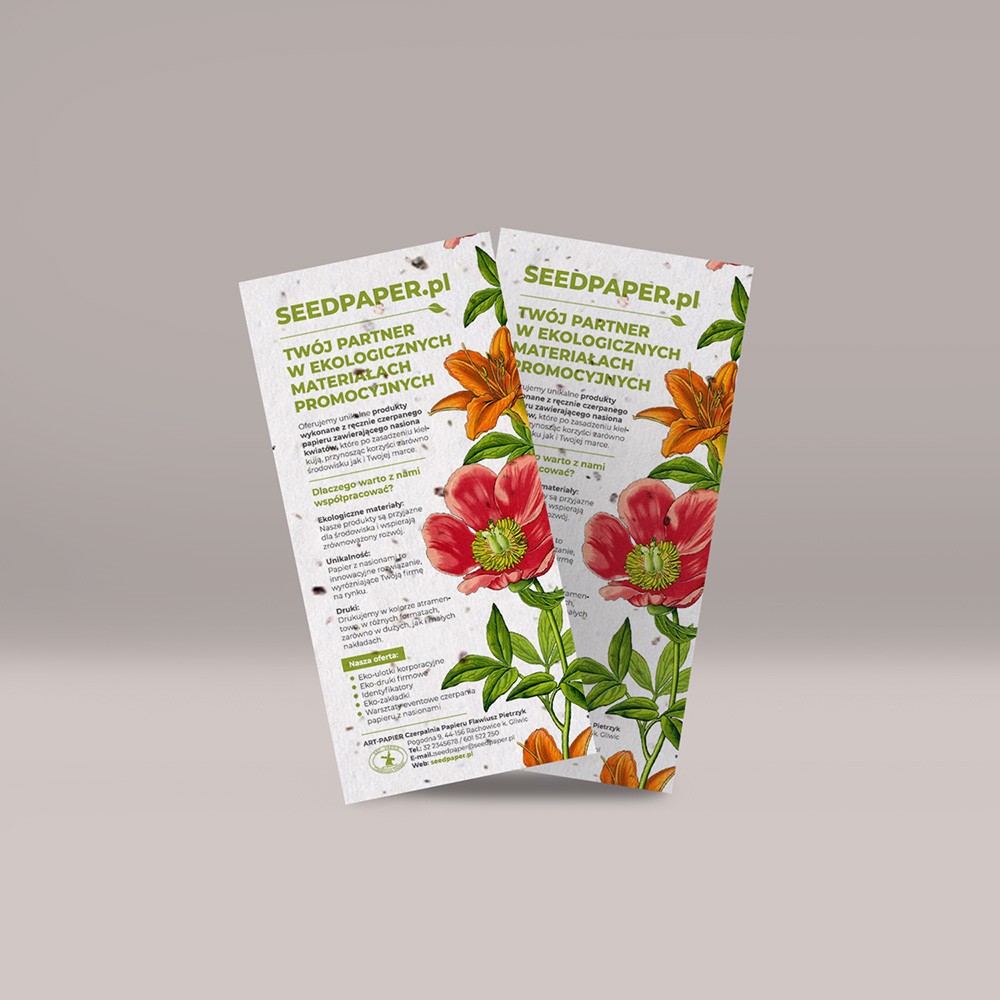 Ulotki DL seedpaper.pl z kwiatami – wizualizacja druku na papierze z nasionami