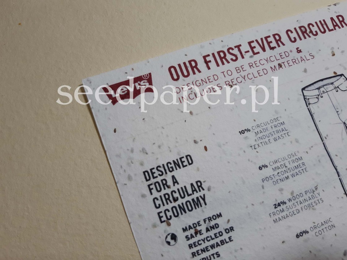 Ulotka Levi’s „Our first-ever circular” wydrukowana na papierze z nasionami