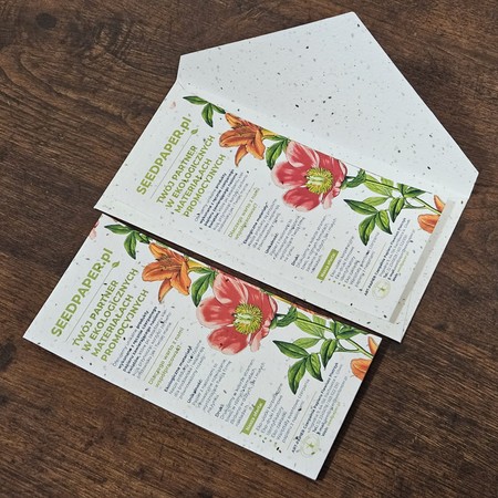 Ulotki DL z kwiatowym nadrukiem seedpaper.pl na papierze z nasionami