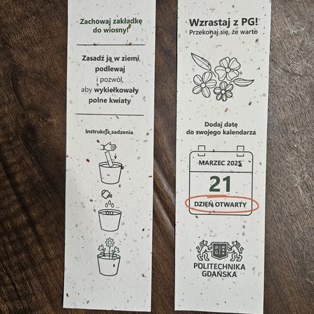 Zakładka na dzień otwarty Politechniki Gdańskiej z instrukcją sadzenia papieru z nasionami